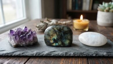 crystals for intuition including amethyst, labradorite and moonstone