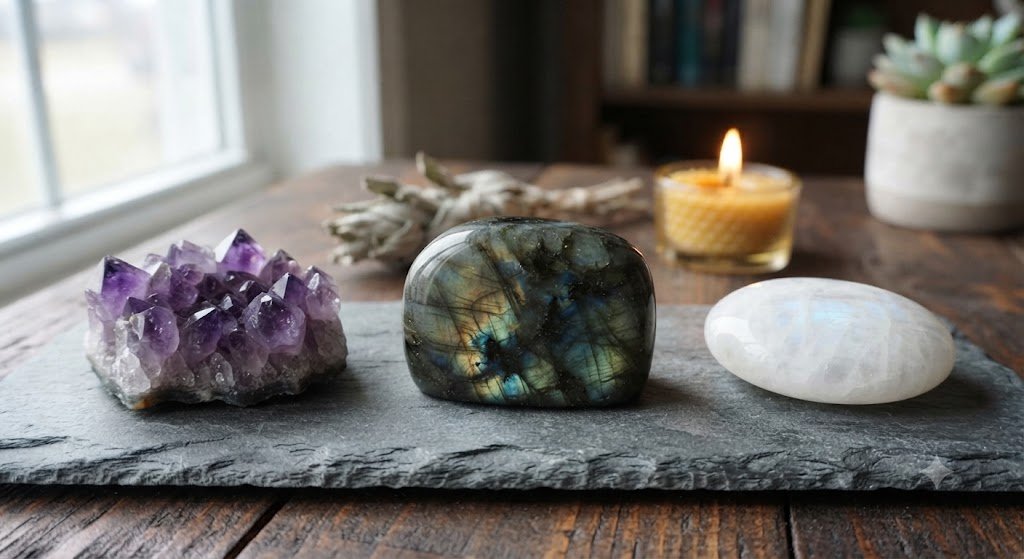 crystals for intuition including amethyst, labradorite and moonstone