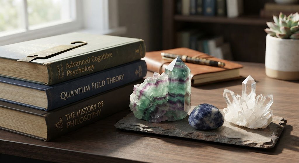 crystals for studying including fluorite, sodalite and clear quartz beside books