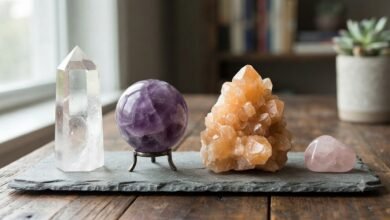 crystals in different shapes including a tower, sphere, cluster and tumbled stone