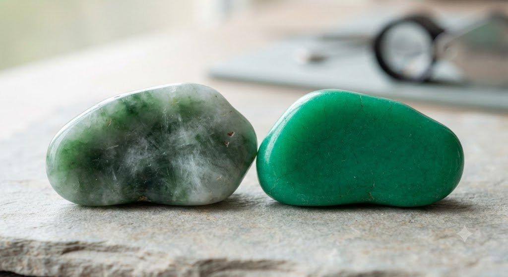 natural green jade beside a dyed jade imitation