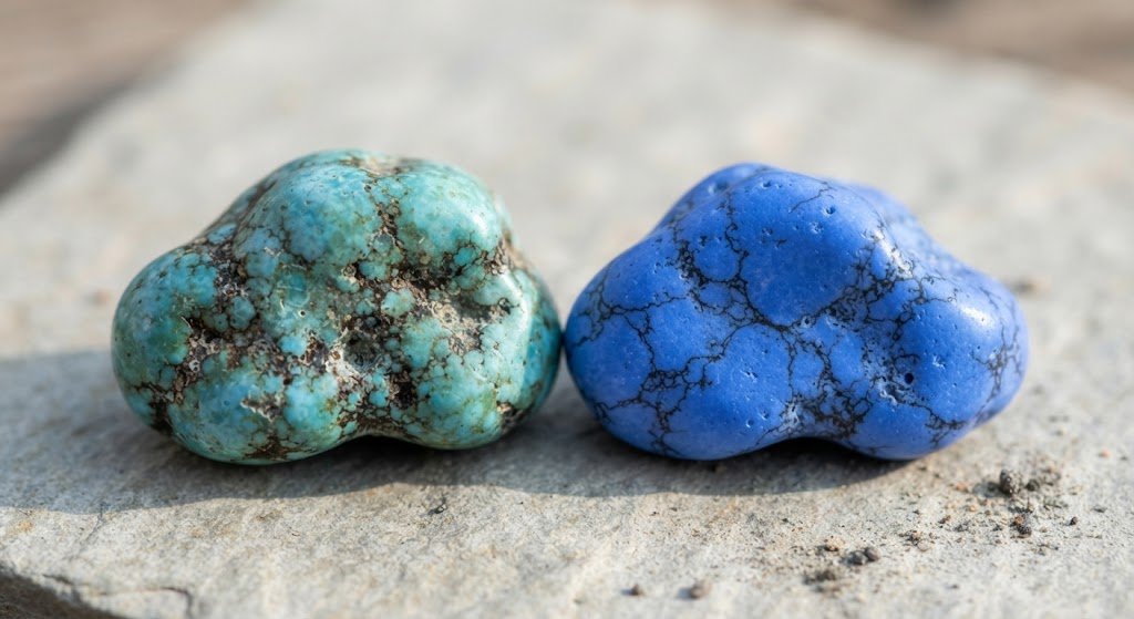 natural turquoise beside dyed blue howlite imitation