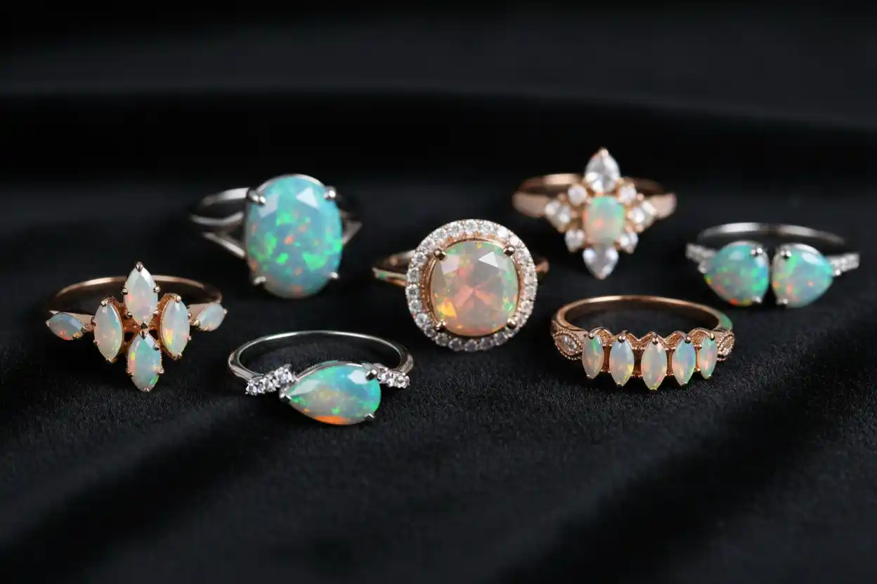 opal ring showing rainbow play-of-color in a protective bezel setting