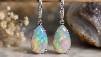 pair of opal drop earrings flashing color