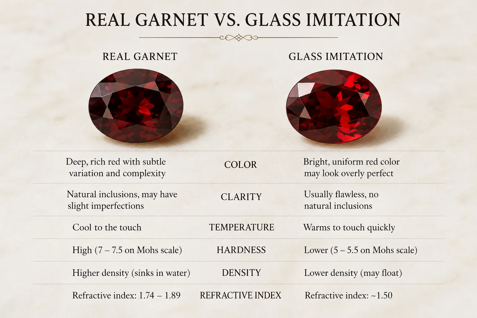photo comparing a real garnet and a glass imitation