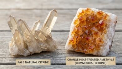pale natural citrine beside deep orange heat-treated amethyst citrine