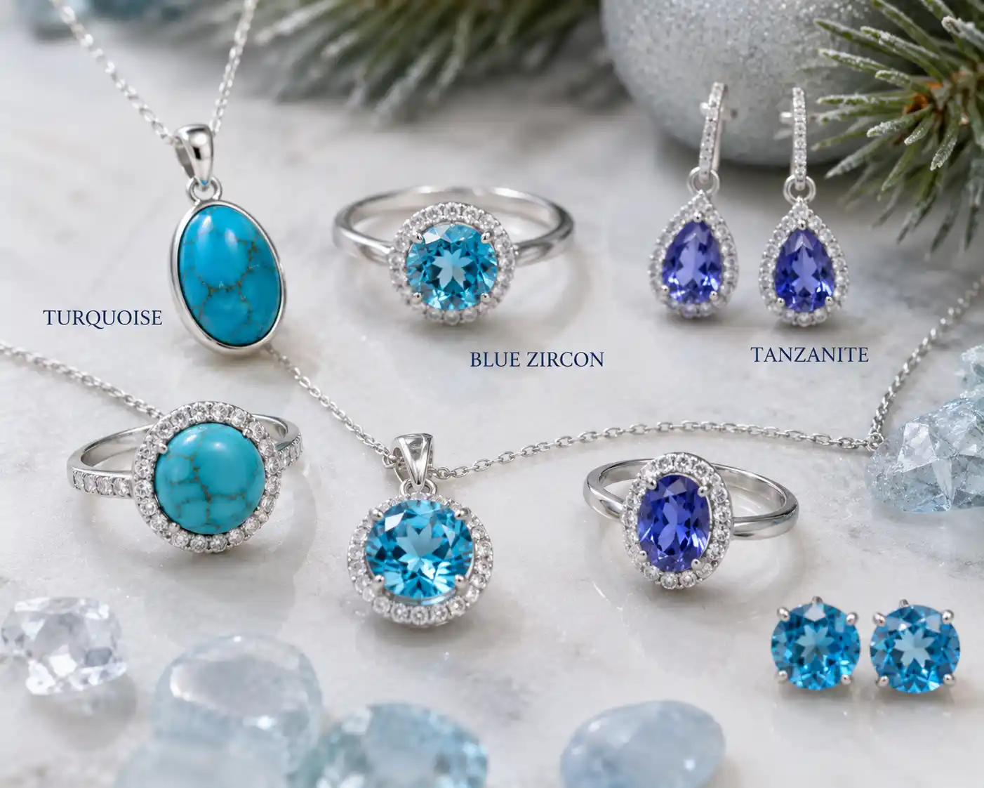 photo of December birthstone jewelry in blue tones (turquoise, blue zircon, tanzanite)