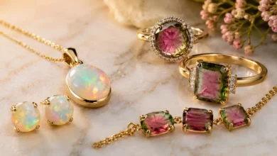 October birthstone jewelry: iridescent opal beside pink-and-green watermelon tourmaline