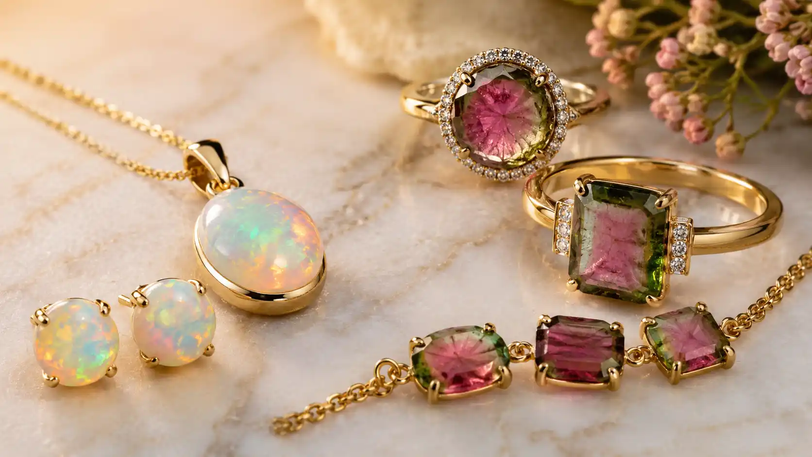 October birthstone jewelry: iridescent opal beside pink-and-green watermelon tourmaline