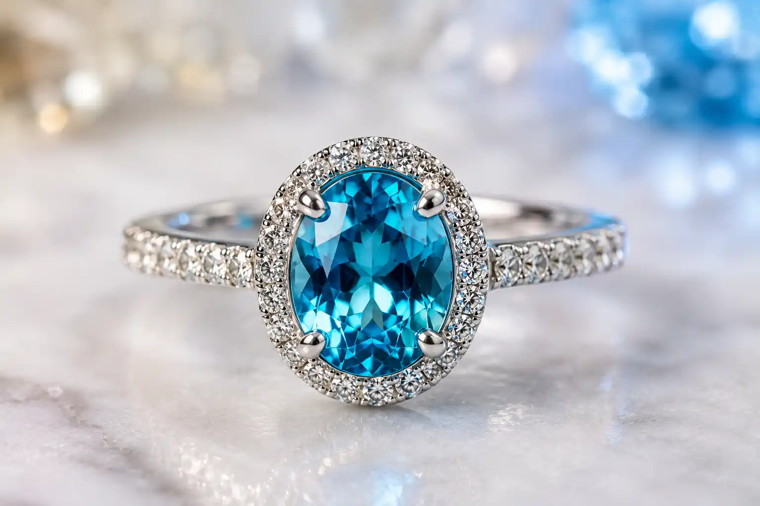 blue zircon ring in a protective setting catching the light
