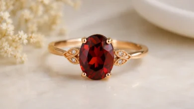 photo of a deep red garnet ring