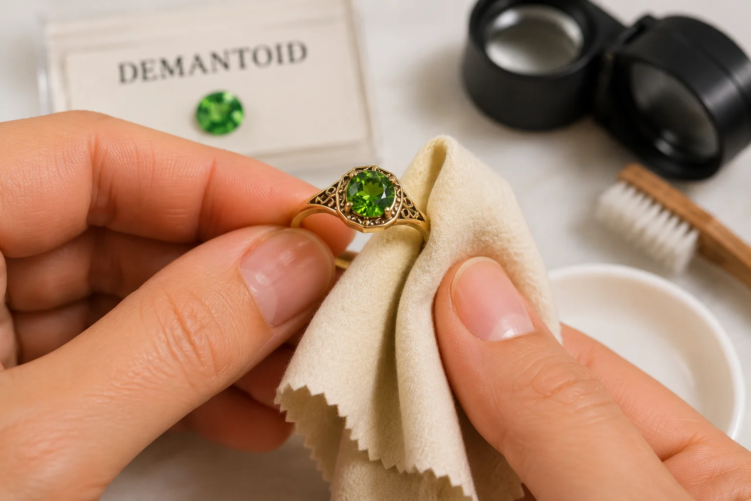 photo of a demantoid ring being cleaned gently