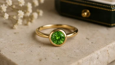 photo of a demantoid ring in a bezel setting