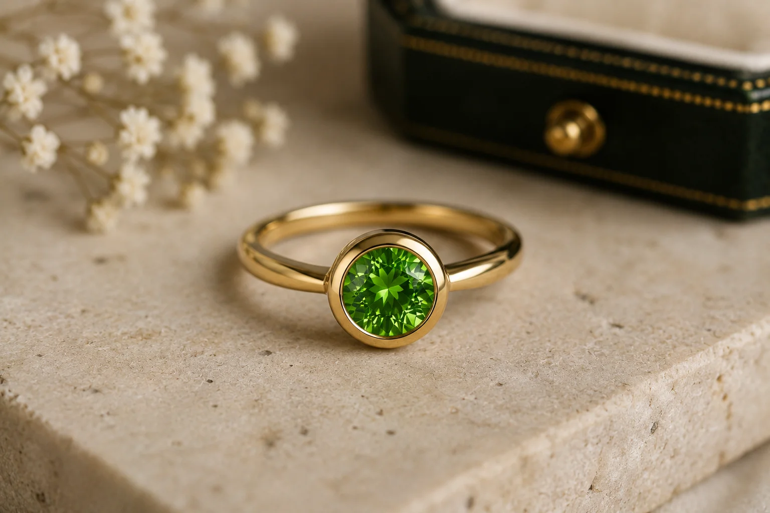 photo of a demantoid ring in a bezel setting