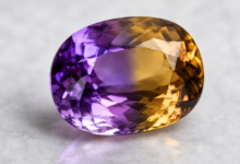 faceted ametrine gemstone with distinct purple and golden-yellow zones