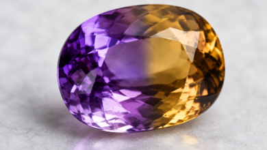 faceted ametrine gemstone with distinct purple and golden-yellow zones