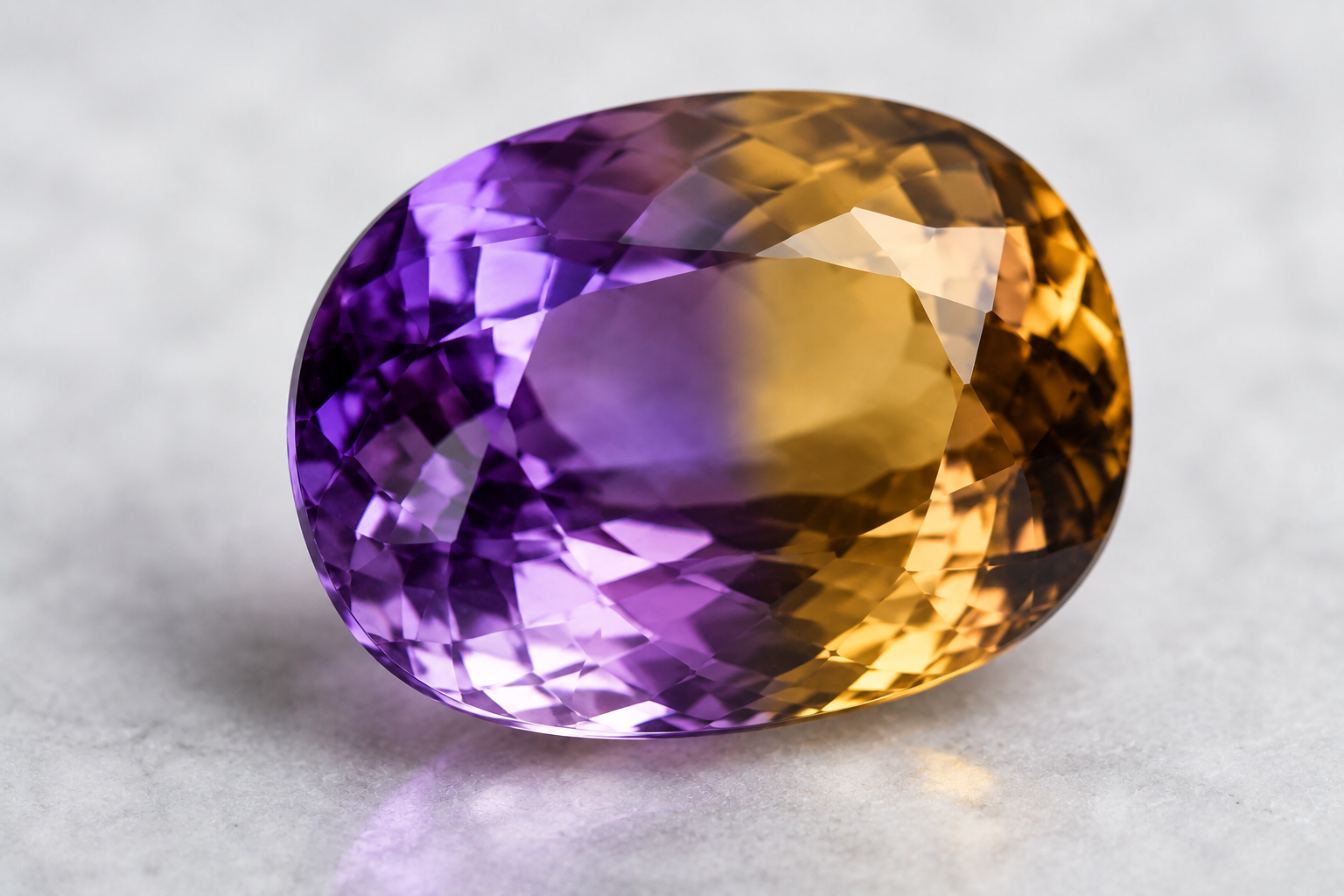 faceted ametrine gemstone with distinct purple and golden-yellow zones