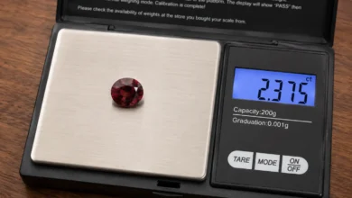 photo of a garnet on a digital carat scale