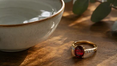 photo of a garnet ring beside a bowl of water