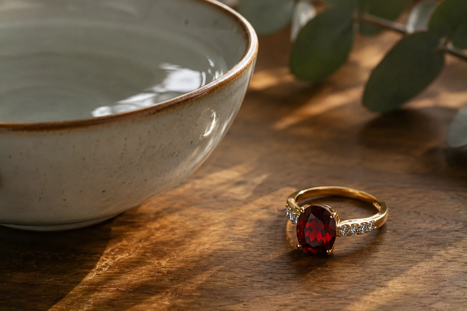 photo of a garnet ring beside a bowl of water