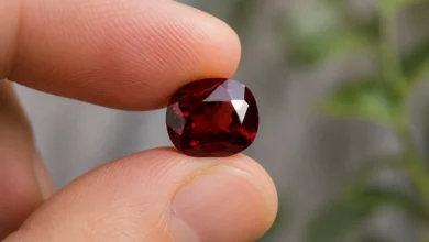 photo of a garnet stone held in a hand