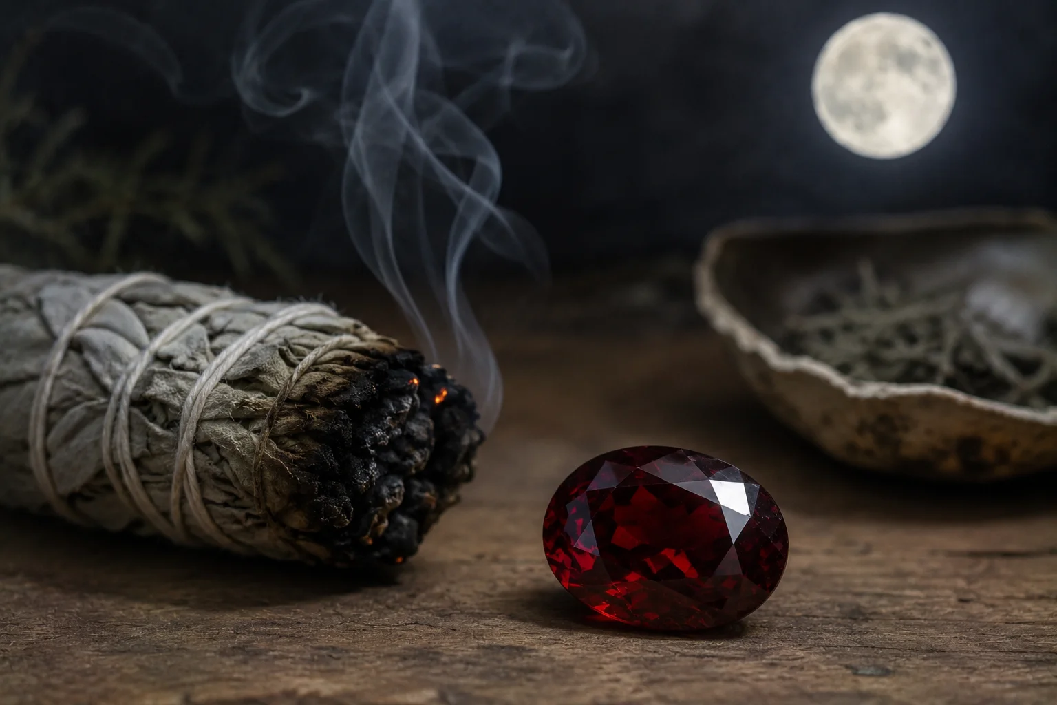 photo of a garnet stone in moonlight or with sage