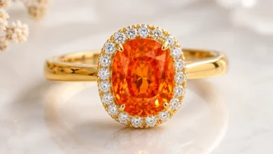 photo of a mandarin spessartite ring in yellow gold