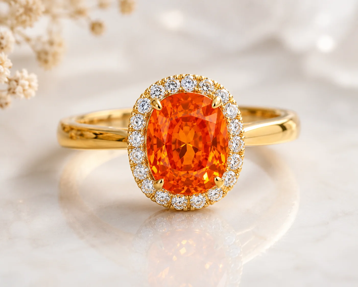 photo of a mandarin spessartite ring in yellow gold