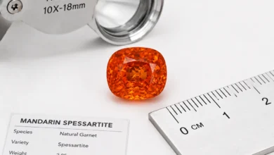 photo of a mandarin spessartite with a loupe and scale