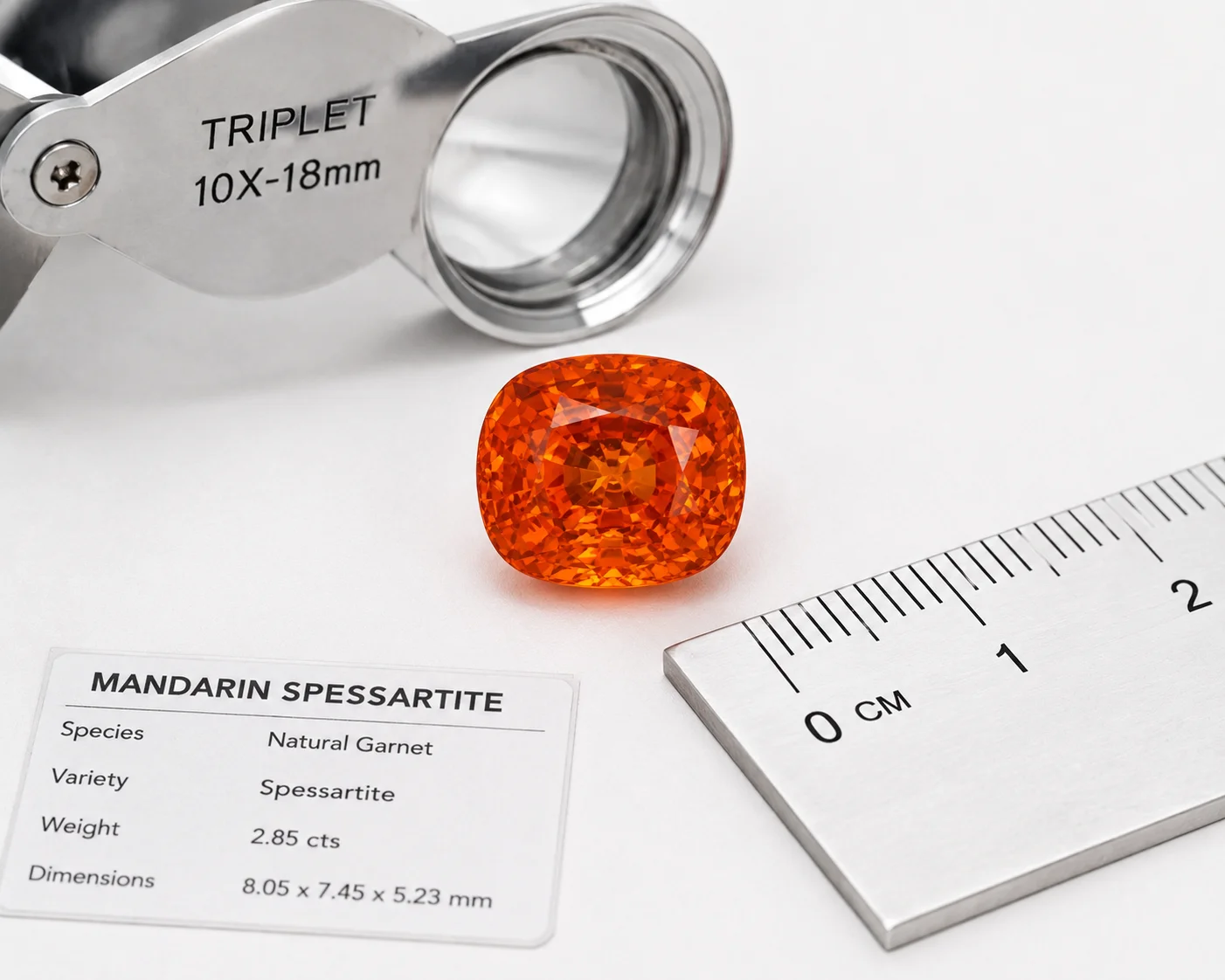 photo of a mandarin spessartite with a loupe and scale