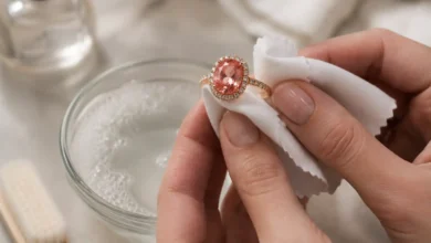 photo of a padparadscha ring being cleaned