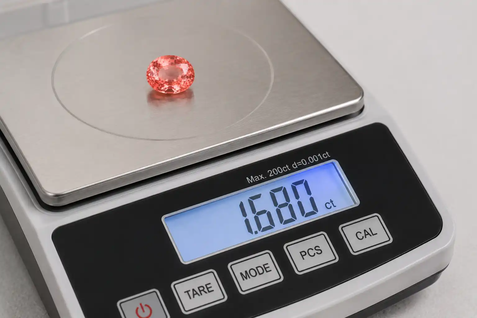 photo of a padparadscha sapphire on a gem scale