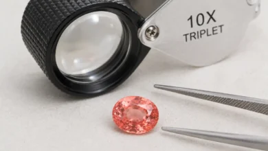 photo of a padparadscha sapphire with a loupe