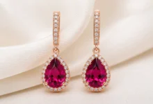 photo of a pair of rhodolite drop earrings