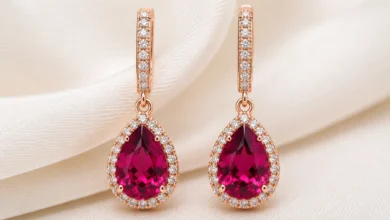 photo of a pair of rhodolite drop earrings