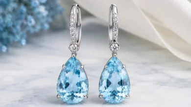 photo of a pair of sky-blue aquamarine drop earrings