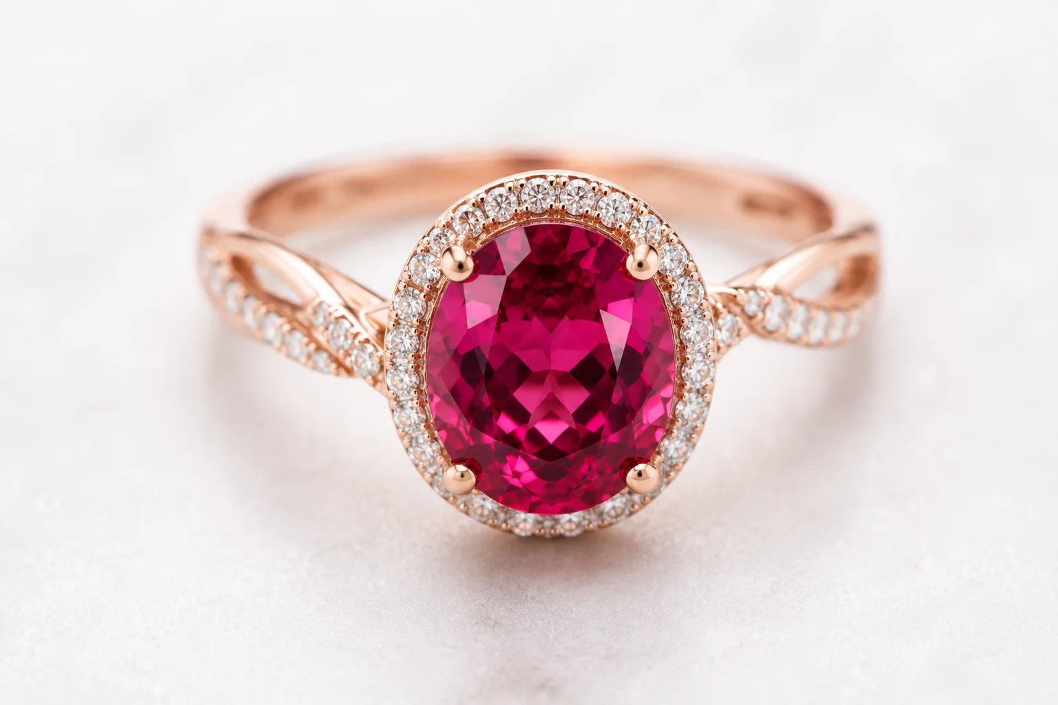 photo of a raspberry rhodolite ring in rose gold