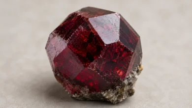photo of a red garnet crystal on a neutral background