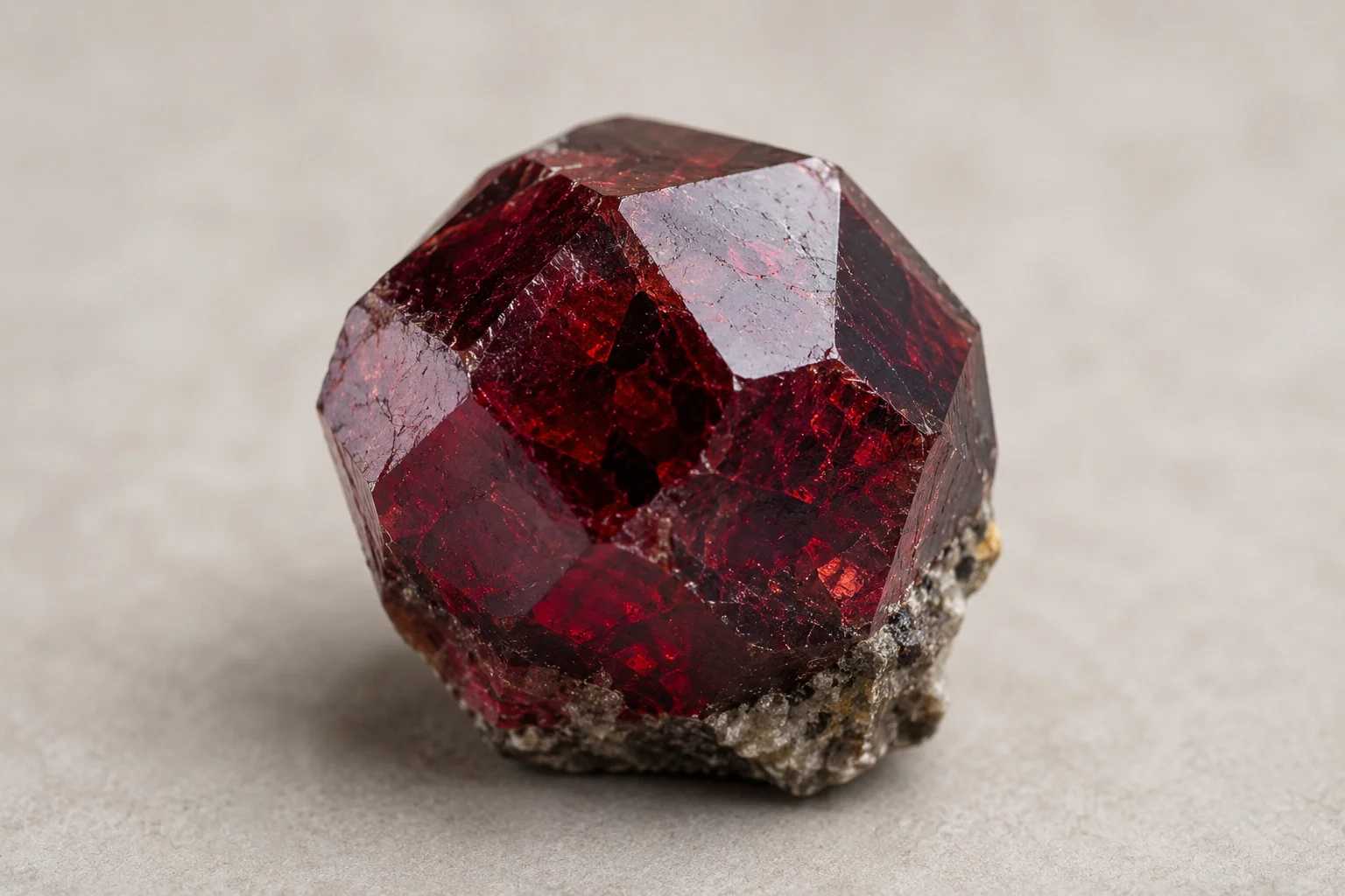 photo of a red garnet crystal on a neutral background