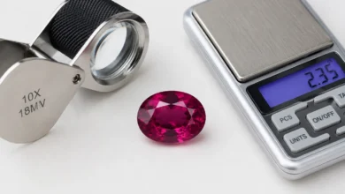 photo of a rhodolite garnet with a loupe and scale