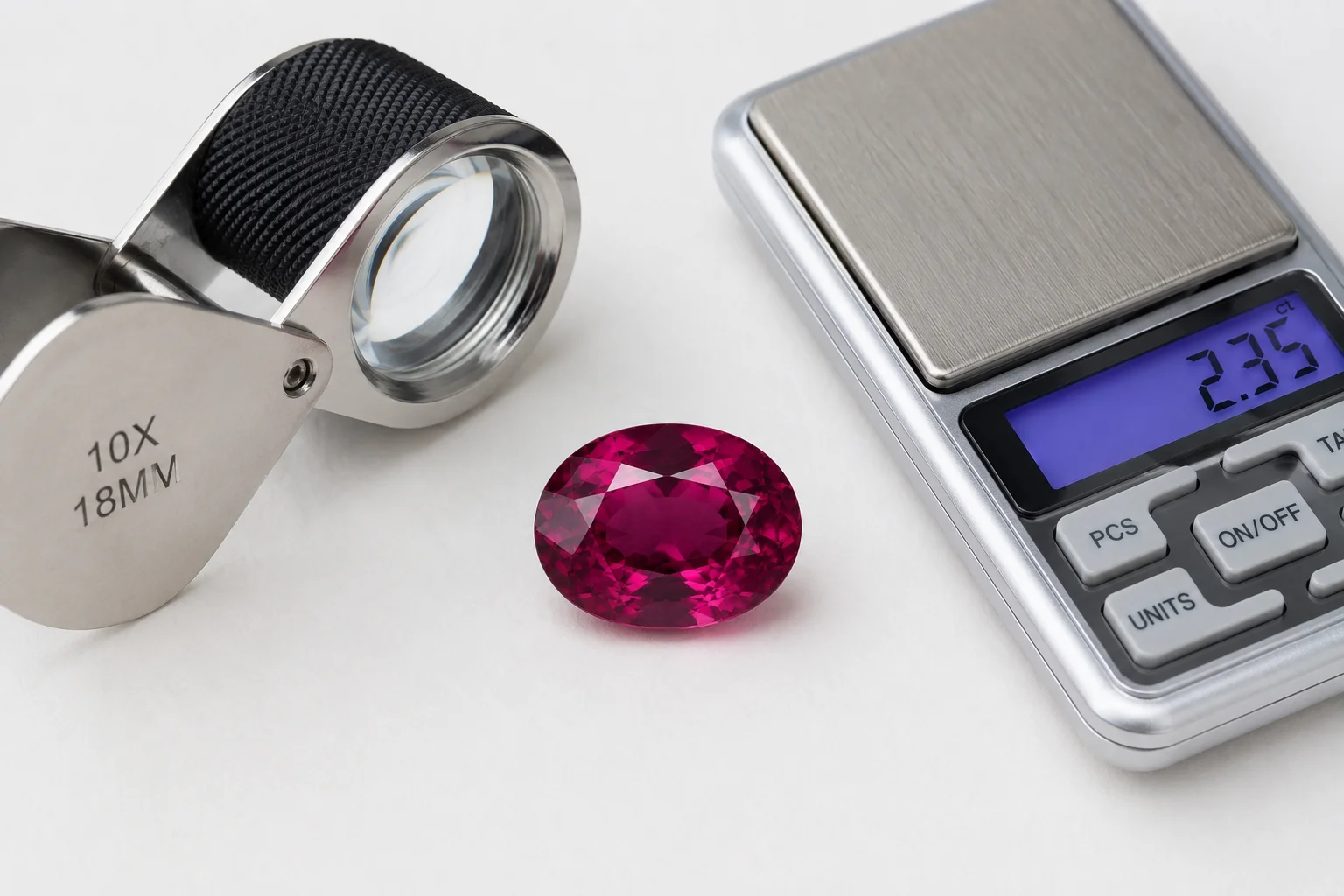 photo of a rhodolite garnet with a loupe and scale