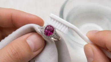 photo of a rhodolite ring being cleaned with a soft brush