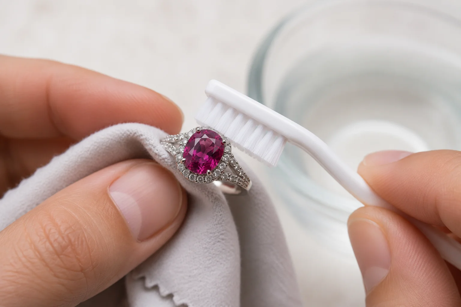 photo of a rhodolite ring being cleaned with a soft brush