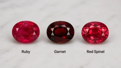 photo of a ruby, a garnet, and a red spinel side by side