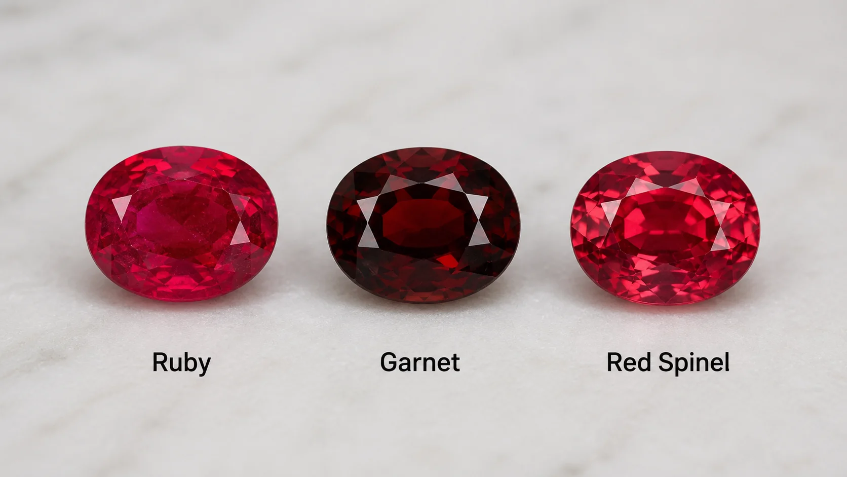 photo of a ruby, a garnet, and a red spinel side by side