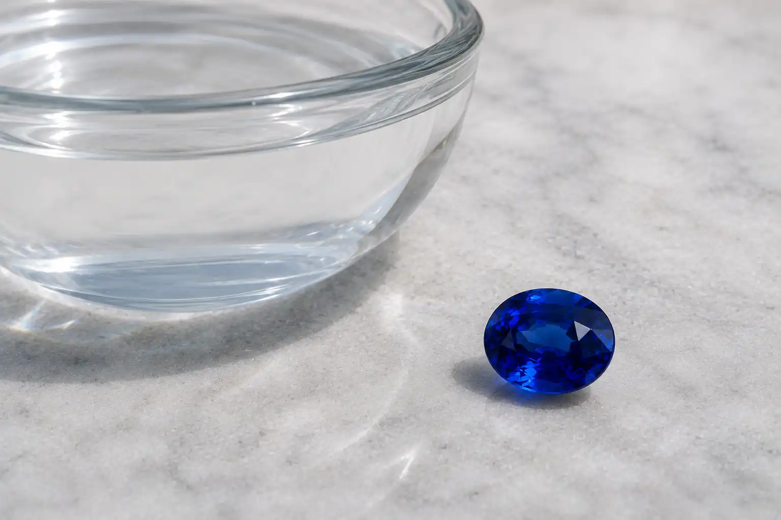 photo of a sapphire beside a bowl of water