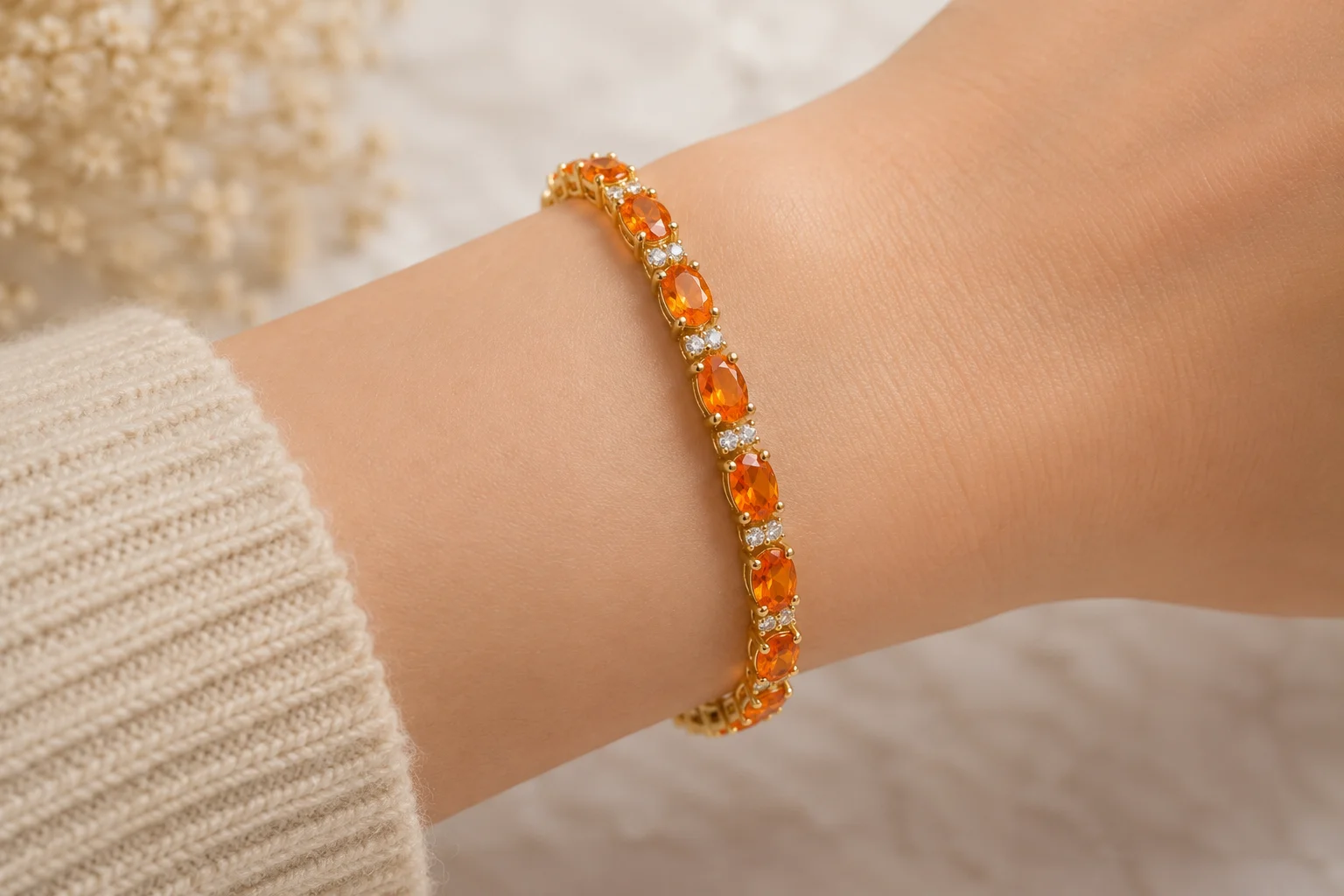photo of a spessartite bracelet on a wrist