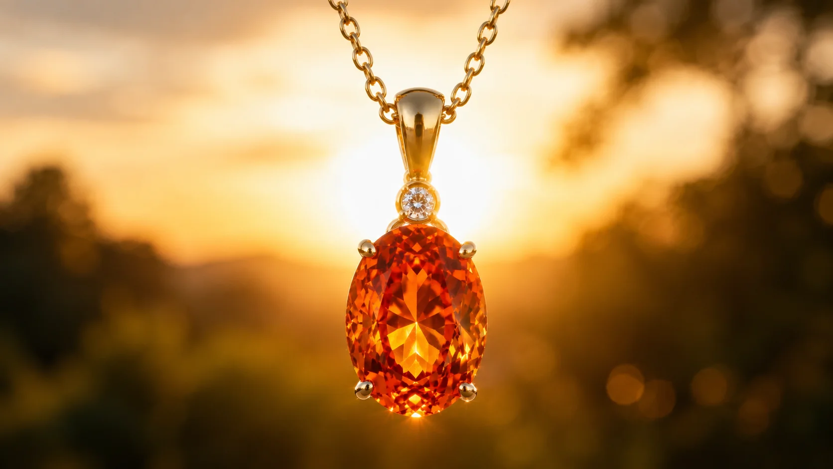 photo of a spessartite pendant backlit on a chain