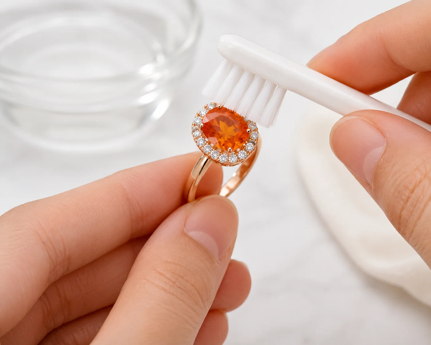 photo of a spessartite ring being cleaned with a soft brush