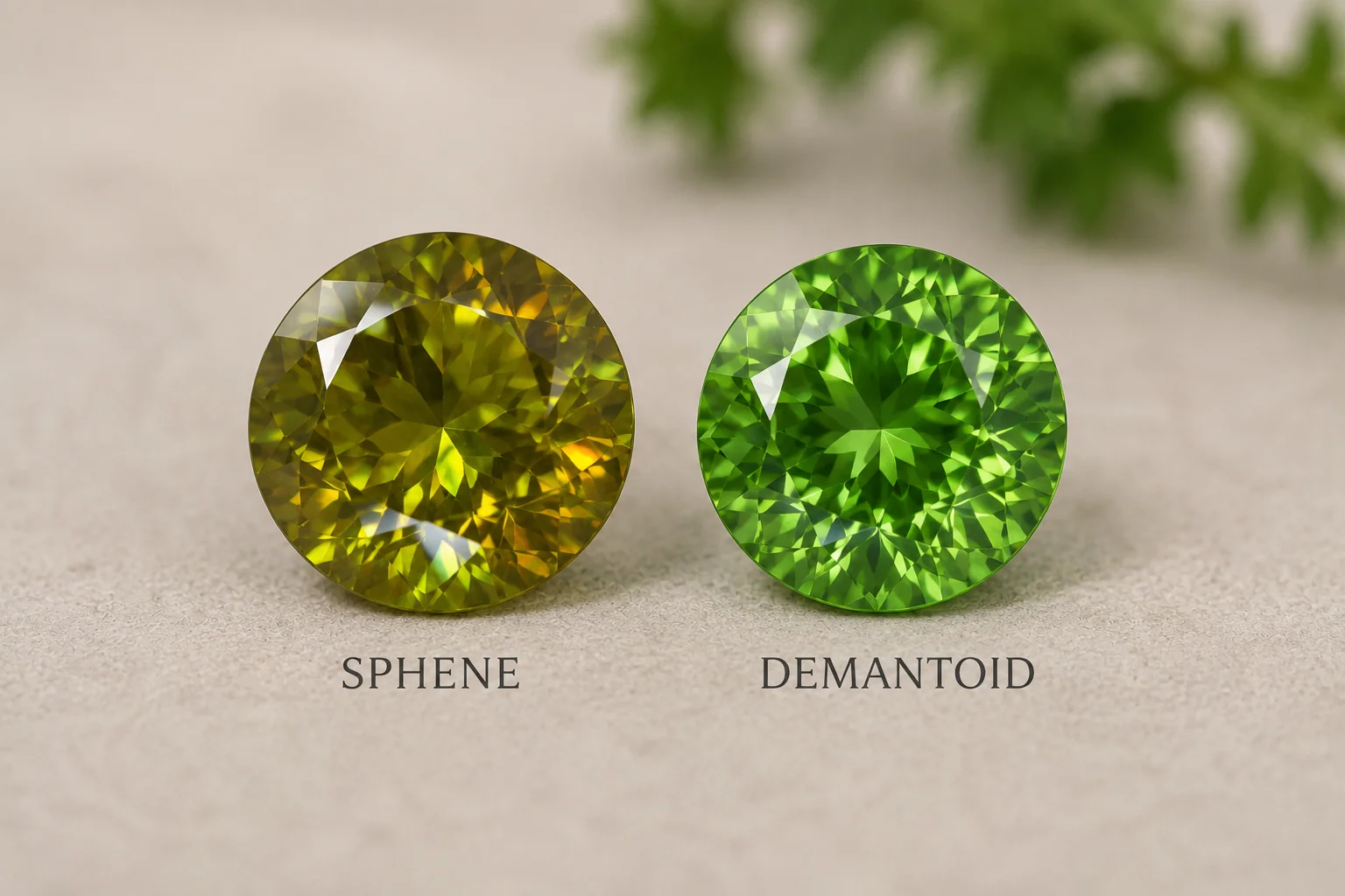 photo of a sphene and a demantoid side by side